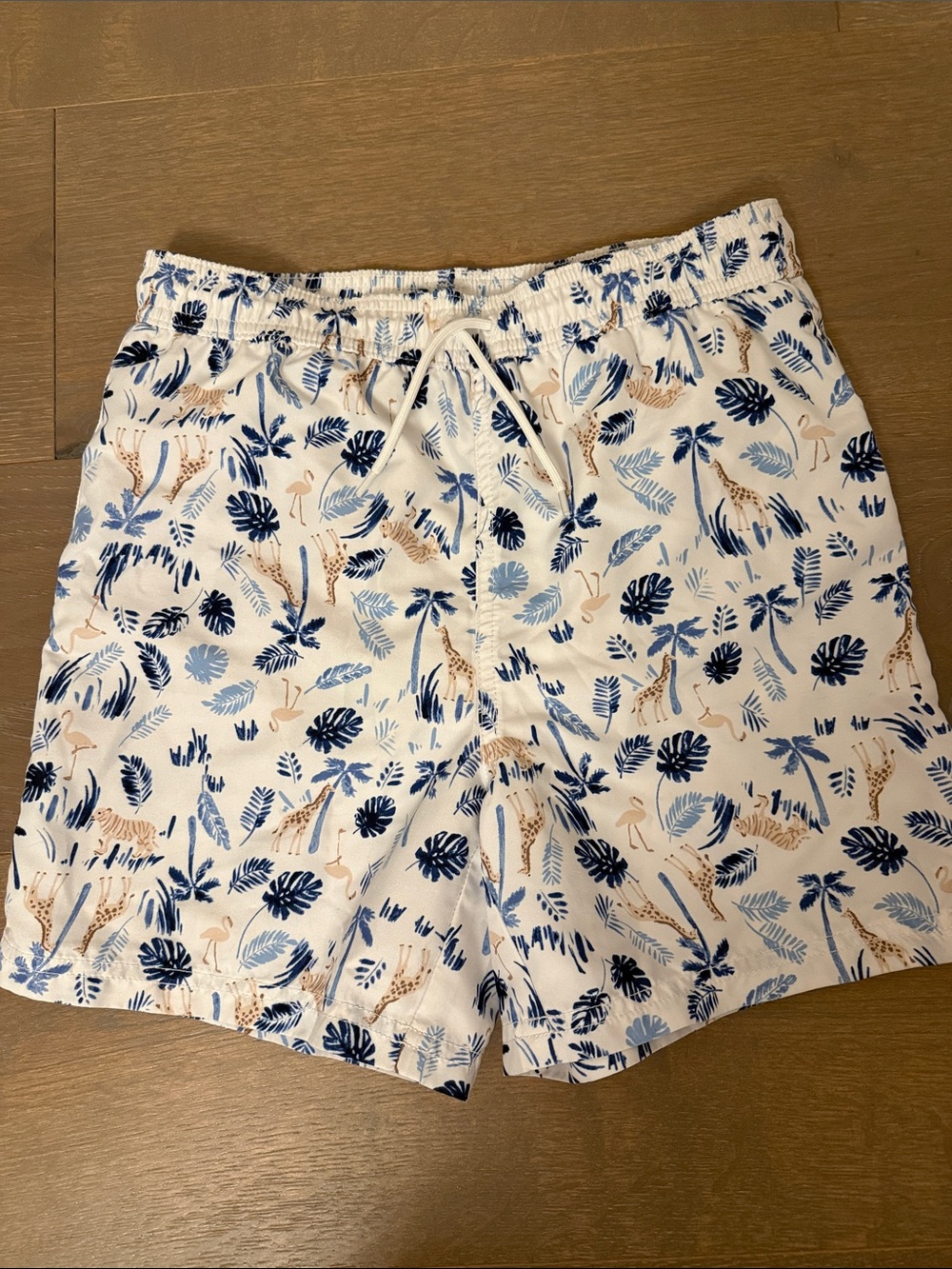 Janie and Jack White Swim Trunks with Blue and Tan Safari Print